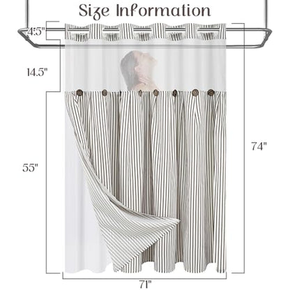 ASPMIZ Farmhouse Striped Shower Curtain and Liner Set No Hook, Brown 71x74 | No Hook Shower Curtain with Snap in Liner Fabric, Rustic Washable Waterproof Bathroom Curtains with Button, Mesh Top Window - color: Brown Striped, size: 71"W x 74"L (Pack of 1),