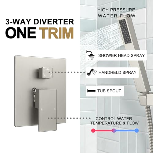 Lava Odoro Modern 3-Setting Square Shower and Tub Faucet Set with Shower Head and Handheld Sprayer Brushed Nickel, Rainfall Shower System with Tub Spout, Shower Valve Trim Kit, SF103-BN-T - color: Brushed Nickel, style: With Tub Spout