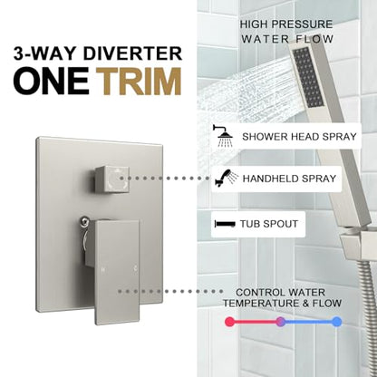 Lava Odoro Modern 3-Setting Square Shower and Tub Faucet Set with Shower Head and Handheld Sprayer Brushed Nickel, Rainfall Shower System with Tub Spout, Shower Valve Trim Kit, SF103-BN-T - color: Brushed Nickel, style: With Tub Spout