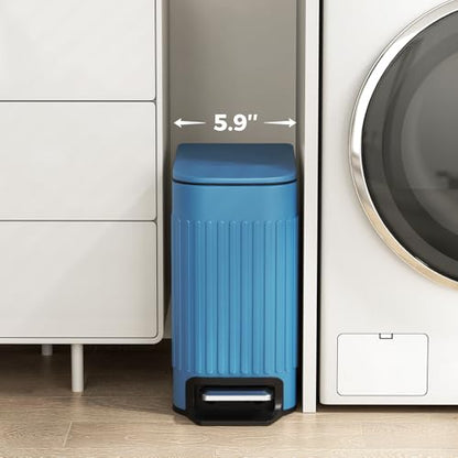 TrashAid Slim Bathroom Trash Can with Lid Soft Close & Pedal, 1.6Gal, Blue | Removable Inner Bucket, Stainless Steel Garbage Can, Small Wastebasket for Toilet/Office/Bedroom, Retro Design, Odor Control - color: Blue