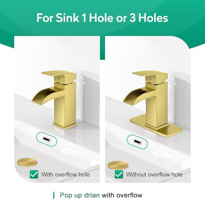 CREA Brushed Gold Waterfall Bathroom Faucet 1 Hole Single Handle Bathroom Sink Faucet with Pop Up Drain Stainless Steel Vanity Faucet Basin Mixer Tap Hot Cold Water Supply Line 3 Hole Deck Plate - color: Gold, style: Open Waterfall