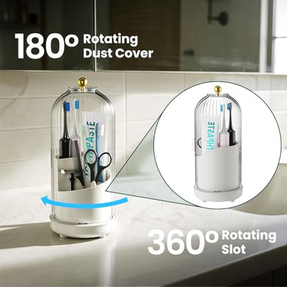 Toothbrush Holders with Cover, Rotating Toothbrush Holder, with Dustproof Transparent Cover and Drainage, Multi-Purpose Storage for Bathrooms, Makeup Brushes, for Students, Office & Vanity Use