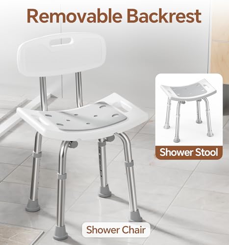 SOUNDFUSE Shower Chair for Inside Shower with Back, Tool-Free Assembly, Height Adjustble Shower Seat with EVA Cushion and Non-Slip Feet, Support Up to 350 lbs, Grey