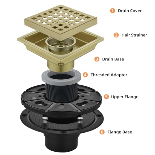 Square Shower Drain 4-Inch with ABS Flange, Brushed Gold, Removable Grille,Bathroom Stainless Steel Shower Floor Drain - color: 4-inch Brushed Gold