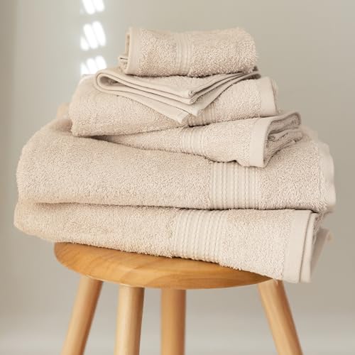 100% Turkish Cotton Towel Set of 6 - Plush & Super Absorbent - Premium Set with 2 Bath Towels, 2 Hand Towels, and 2 Washcloths - Made in Turkey (Light Beige, 6-Piece Towel Set) - color: Light Beige
