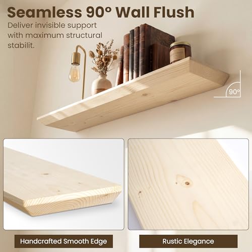 Acovy 36in Solid Spruce Wood Floating Shelves with Beveled Bottom Edges, Wooden Floating Shelf with Heavy-Duty Bracket for Living Room Bathroom Bedroom Kitchen, Rustic Natural, DIY Available, 2 Packs - color: Rustic Natural, size: 36"-2 Packs