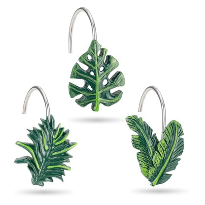 Leaves Shower Curtain Hooks - Modern Tropical Leaf Green Plant Leaf Decorative Stainless Steel Shower Rings Hangers for Mother Daughter Sister Friends Bathroom Accessories
