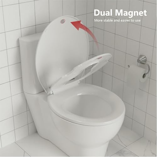 17 Inch Round Toilet Seat with Built-in Toddler Seat, Soft Close White PP Lid, Magnetic Lock, 660 lbs Capacity, Family Potty Training Seat for Kids & Adults - size: 17 Inch