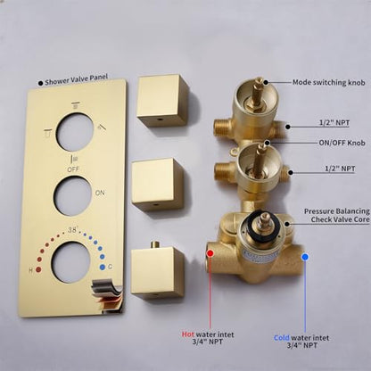 Thermosttic Shower Faucet Set Brushed Gold Shower System with 12 and 8 inch Rain Shower Head, 4 Body Jets, Handheld Spray - color: Brushed Gold, size: 12+8" Ceiling Shower