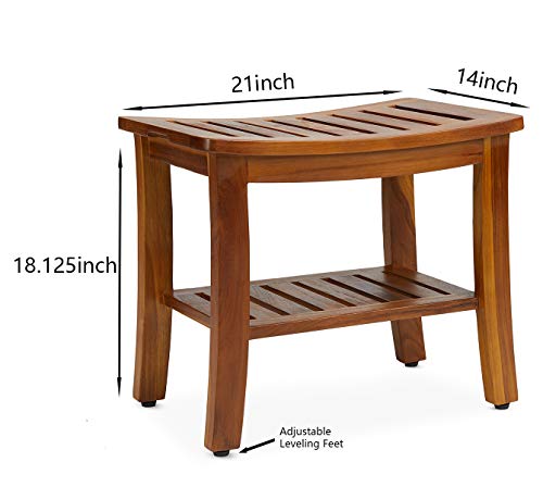 Teakcraft Teak Shower Bench & Stool for Inside Shower, 21", Fully Assembled | Patented, Waterproof solid teak, holds 350 lbs. Non-slip feet. Spa bath seat for elderly, leg shaving, sauna, outdoor