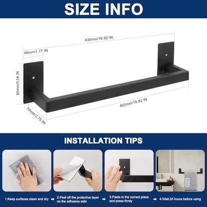 NearMoon Self Adhesive Bathroom Towel Bar, Stainless Steel Square Bath Wall Shelf Rack Hanging Towel Stick On Sticky Hanger Contemporary Style, Towel Rack Wall Mounted (16 Inch, Matte Black) - color: Matte Black, size: 16 Inch