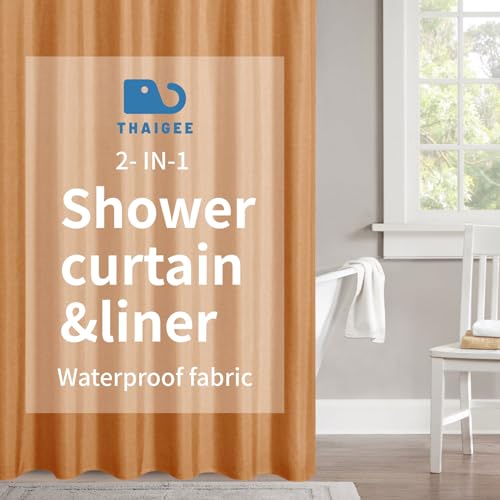 2-in-1 Waterproof Fabric Shower Curtain,No Separate Liner Needed,Linen Textured,Effortless Cleaning & Washable Bathroom Shower Curtain Set with 12 Plastic Hooks,72"x72",Orange - color: Orange, size: 72"W x 72"L (Pack of 1)