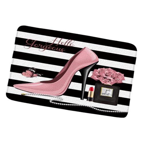 Flower Butterfly Bath Mat Hello Gorgeous Fashion Girl Black Perfume Bottle Lipstick Pink High Heel Rose Floral Romantic Lover Girls Bathroom Rugs Shower Mat Bedroom Kitchen Carpet 16x24 Inch - color: Black White, size: 16x24 Inch