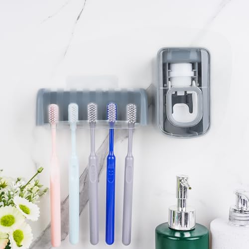 5 Slots Wall Mount Toothbrush Holder with Cover, Self Adhesive Toothbrush Storage Organizer for Shower, Toothbrush Hanger with Automatic Toothpaste Squeezer Dispenser (Grey) - color: Grey Combination