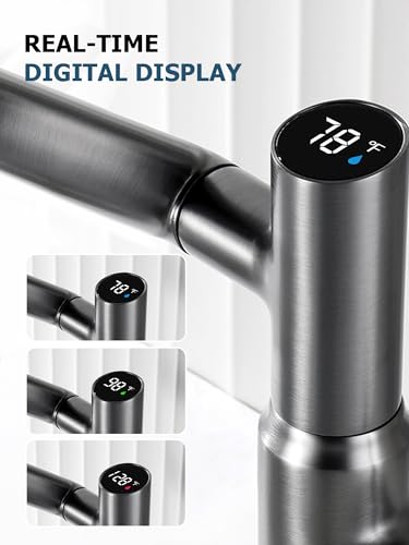 Rotatable Bathroom Faucet with Temperature Display in Fahrenheit (Batteries-Free), 3 Water Modes, Dark Grey, BF2204-2 - color: Gray