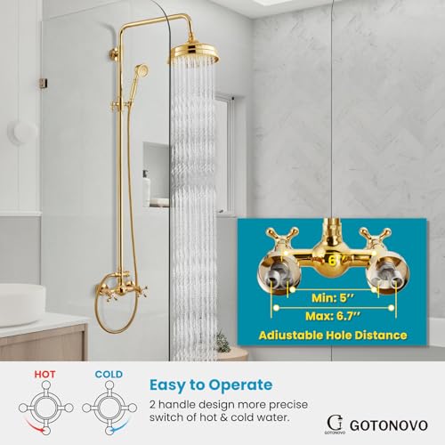 gotonovo Exposed Shower System Wall Mount,Polish Gold,Metal Handheld | 8” Rain Shower Head Faucet Set Fixtures,2 Function,Two Cross Handle,Height Adjustable,for 5-6.7" Hole,Indoor Victorian Retro - color: Bright Gold
