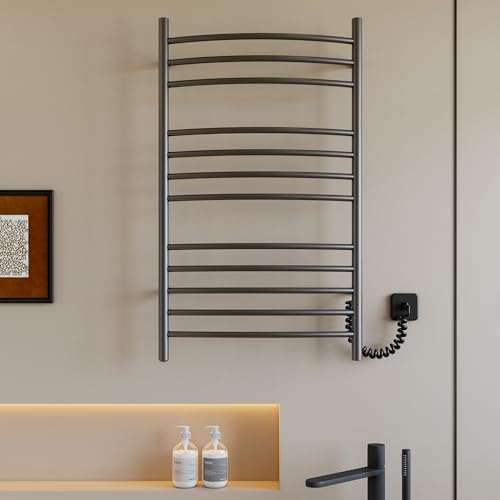12-Bar Towel Warmer, Heated Towel Rack, Plug-in/Hardwired Gun Grey | 304 Stainless Steel Large 12-Bar Towel Warmer With Plug-In Or Hardwired Installation And Gun Grey Finish - color: Gun Grey