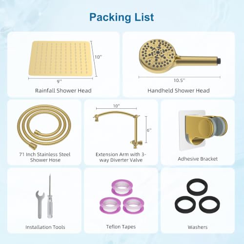 Hibbent Metal 10" High Pressure Rain Shower Head Combo, Brushed Gold | cUPC Certified Rainfall Shower Head with handheld 10 Sprays, 16'' Adjustable Extension Arm, 71'' Hose, Showerhead Holder - color: Brushed Gold, style: Square 10''