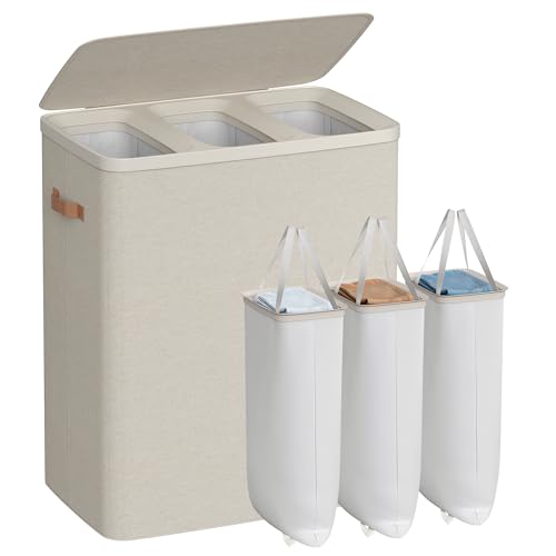SONGMICS Laundry Basket, 50.2 Gal. Laundry Hamper, 3 Compartments, Easy Assembly, with Lid and Handles, Removable Liners, 25.2 x 15.7 x 29.5 Inches, Cappuccino Beige ULCB814LH01 - color: Cappuccino Beige, size: 190 L (3-Section)