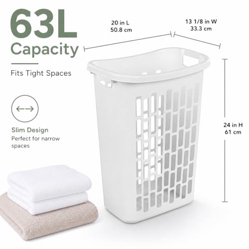 Large Plastic Laundry Hamper, White, Slim Rectangular(2-Pack) | Reinforced Handles, Space-Saving Design, 20x13x24 Inches, Durable Construction, For Bathroom & Dorm, Ventilated,