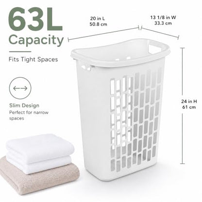 Large Plastic Laundry Hamper, White, Slim Rectangular(2-Pack) | Reinforced Handles, Space-Saving Design, 20x13x24 Inches, Durable Construction, For Bathroom & Dorm, Ventilated,
