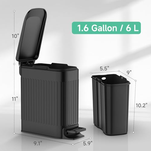 TIPGO Slim Bathroom Trash Can with Lid Soft Close, Step Pedal, 6 Liter / 1.6 Gallon Stainless Steel Trash Bin, Small Garbage Cans for Bedroom, Office, Kitchen (Black) - color: Black