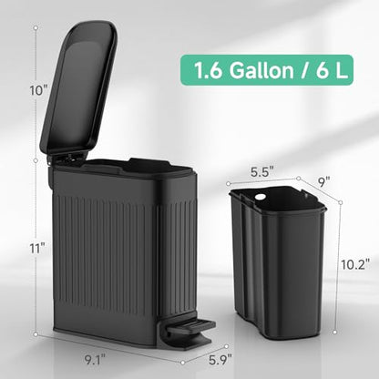 TIPGO Slim Bathroom Trash Can with Lid Soft Close, Step Pedal, 6 Liter / 1.6 Gallon Stainless Steel Trash Bin, Small Garbage Cans for Bedroom, Office, Kitchen (Black) - color: Black
