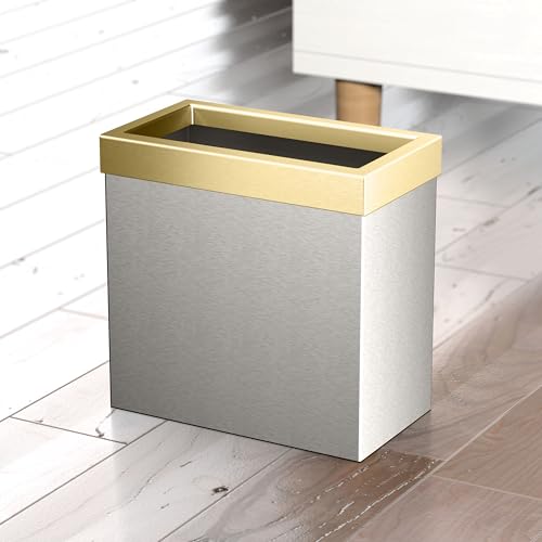 Gatco Small Bathroom Trash Can with Lid, Rectangle 3 Gallon Stainless Steel Wastebasket, Under Sink, Satin Nickel and Brushed Brass, for Bathroom, Bedroom, Office (1917B) - color: Satin Nickel / Brushed Brass