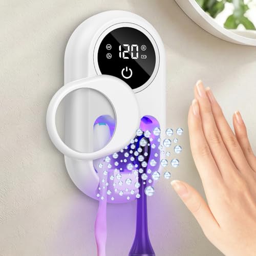 Toothbrush Sanitizer Holder, Upgraded UV Toothbrush Holder with Dual-Mode Clean & Fan Dry, LED Smart Screen, Auto-Inductive Cover, Toothbrush Wall Mounted Cleaner Organizer for Bathroom, Trip - color: White
