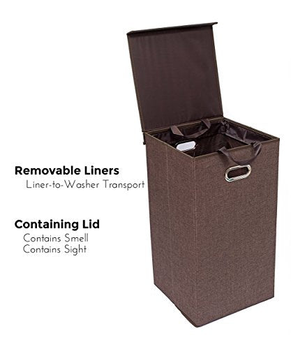 BirdRock Home Single Laundry Hamper with Lid and Removable Liner | Linen | Easily Transport Laundry | Foldable Hamper | Cut Out Handles - color: Brown, style: Single