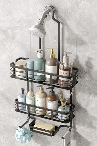 Shower Caddy Hanging, Never Rust Aluminum Shower Organizer, Over Showerhead No Drilling Shower Racks, with Soap Holder Multi Hooks Bathroom Storage for Shampoo Sponge, Black - color: Black