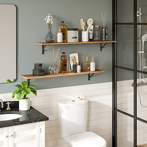 Long Wall Shelves, 39.4 Inch Wall Mounted Shelves with Brackets | Floating Book Shelf, Set of 2, Easy Assembly, Max Load 33lbs, Wall Storage Ledges, Living Room/Bathroom/Bedroom, Rustic Brown - color: Rustic Brown, size: 39.4 Inch