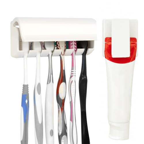 Linkidea 6 Slots Toothbrush Holder with Dustproof Cover & Toothpaste Clip, Plastic Self-Adhesive Brush Hanger for Shower, Compatible with Oral-B/Colgate Manual Toothbrush
