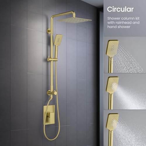 KIBI Cube 2-Function Wall Mounted Rain Shower Column | Bathroom Shower Faucet System with Solid Brass Rough-In Valve, 10" Rain Shower Head | Easy Temperature Control (Brushed Gold, KSC404) - color: Brushed Gold