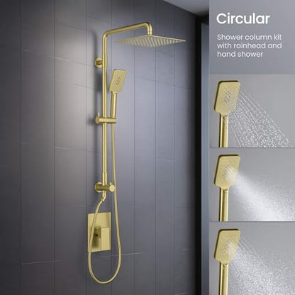 KIBI Cube 2-Function Wall Mounted Rain Shower Column | Bathroom Shower Faucet System with Solid Brass Rough-In Valve, 10" Rain Shower Head | Easy Temperature Control (Brushed Gold, KSC404) - color: Brushed Gold