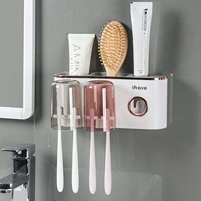 iHave Toothbrush Holders for Bathrooms Wall Mounted with Dispenser & 2 Cups | 6 Slots Wall Mount Toothbrush Holders for Bathrooms with Squeeze Toothpaste Dispenser, 2 Cups & 2 Compartments Organizer - color: White 2 Cups