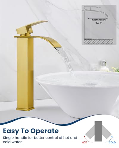Airuida Vessel Sink Faucet, Brushed Gold Tall Waterfall Bathroom Faucet | Single Handle,Tall Bathroom Faucet 1 Hole,Vanity Faucet,without Drain,Bowl Bathroom Faucet - color: Brushed Gold