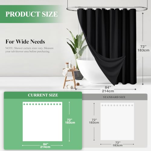 Extra Wide 3 in 1 Waffle Shower Curtain Set with Liner 84x72 Black | 84 Inch Wide, Waterproof Clear PEVA Liner, 256GSM Heavy Duty Fabric, Hotel Luxury Shower Curtains for Bathroom, 14 Hooks - color: A Black, size: 84"W x 72"L (Pack of 1)