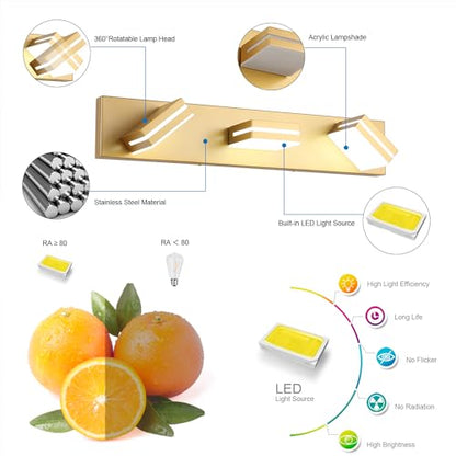 SineRise LED Modern Bathroom Vanity Light Fixtures, Modern Acrylic Bathroom Wall Lighting Fixtures Over Mirror, 3-Light, 24-Inch, Gold, 100%-0% White - color: Gold, 100%-0% White, size: 3-Light, 24-Inch