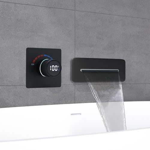 Temperature Display Shower Valve with Wall Mounted Waterfall Tub Faucet Kit Waterfall Tub Spout One Way Shower Deliver Valve - color: Matte Black, style: Adjustable bathtub faucet