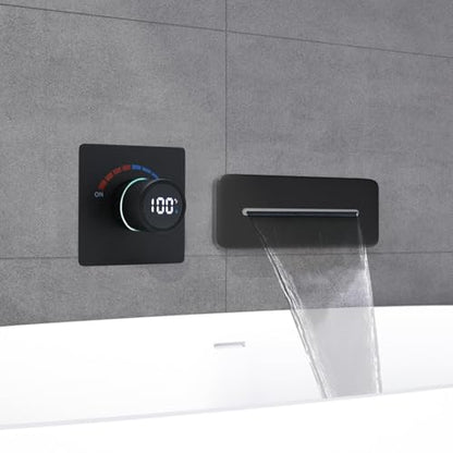 Temperature Display Shower Valve with Wall Mounted Waterfall Tub Faucet Kit Waterfall Tub Spout One Way Shower Deliver Valve - color: Matte Black, style: Adjustable bathtub faucet