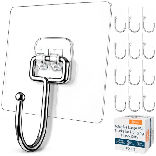 Adhesive Wall Hooks for Hanging, Heavy Duty No Drill, 22 lbs, 12 Pack | GLUIT Adhesive Wall Hooks for Hanging, Transparent Waterproof Sticky Towel Hook for Bathroom Kitchen Home Outdoor - size: Large, 12 pcs