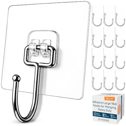 Adhesive Wall Hooks for Hanging, Heavy Duty No Drill, 22 lbs, 12 Pack | GLUIT Adhesive Wall Hooks for Hanging, Transparent Waterproof Sticky Towel Hook for Bathroom Kitchen Home Outdoor - size: Large, 12 pcs