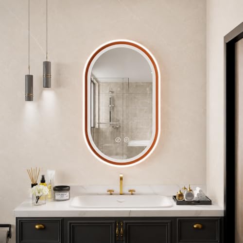 Led Bathroom Mirror with Lights, 20'' x 33'' Oval Heavy Duty Aluminum Frame Bathroom Vanity Mirror with Lights, 3 Colors, Brightness Stepless Dimmable, Anti-Fog, Memory Function, Double LED Orange - color: Oval-20"l X 33"w-no Back Board, size: Double LED-