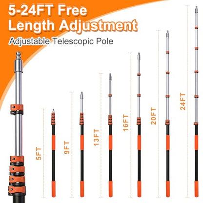 30FT High Window Cleaning Kit, 5-24 FT Telescoping Extension Pole with Dual Action Flip-Lock & Screw Fixing Design, 2-in-1 Window Squeegee, Professional Long Handle Washing Tool for High Windows - size: 5-24FT