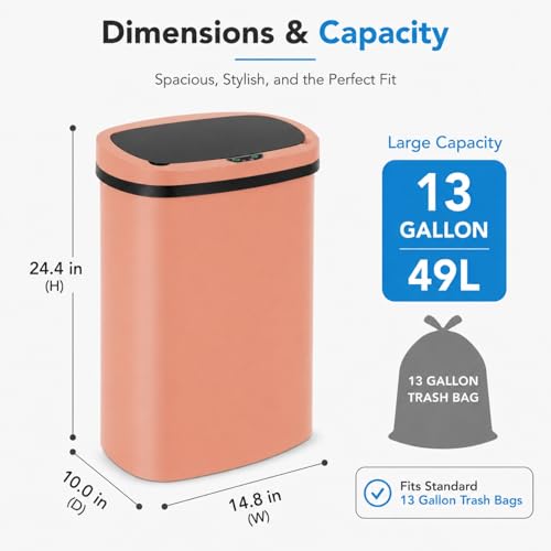 13 Gallon Kitchen Trash Can with Lid,Automatic Touchless Garbage Can for Kitchen,PP Plastic Motion Sensor Trash Can,Tall Large-Capacity Trash Bin,Hands-Free Smart Waste Bin for Home - color: Light Salmon