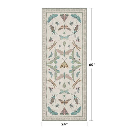 Hazo Haus Washable Non Slip Bathroom Runner Rug 2x5, Insect Boho Bath Mat, Stain Resistant Low Pile Butterfly Insect Print Rugs for Laundry Room, Powder Room, Beige Green - color: Beige Green, size: 2' x 5' (Runner)