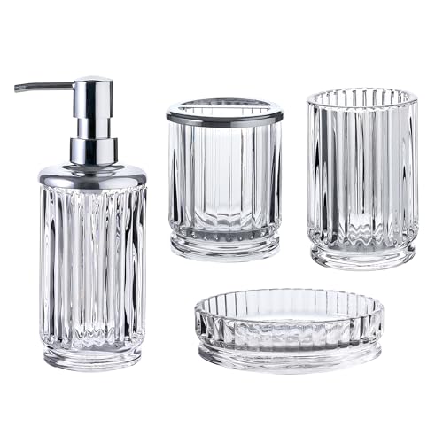 4-Piece Glass Bathroom Accessories Set, Clear Crystal Ribbed Design, Soap Dispenser, Toothbrush Holder, Tumbler, Soap Dish