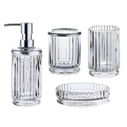 4-Piece Glass Bathroom Accessories Set, Clear Crystal Ribbed Design, Soap Dispenser, Toothbrush Holder, Tumbler, Soap Dish