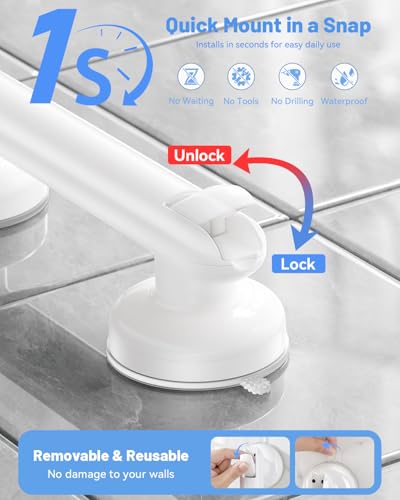 JOTPE Grab Bars for Shower, No Drill Suction Shower Handle, 2 Pack | Removable Grab Bars for Bathroom, Shower Grab Bar for Balance Assistance on Smooth Non-Porous Surfaces, 11 Inch, White
